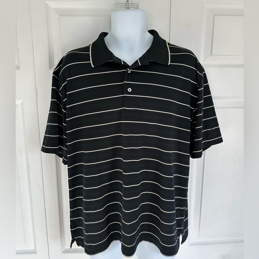 PGA Tour Golf Polo Shirt Striped Black Short Sleeve Athletic Size Large